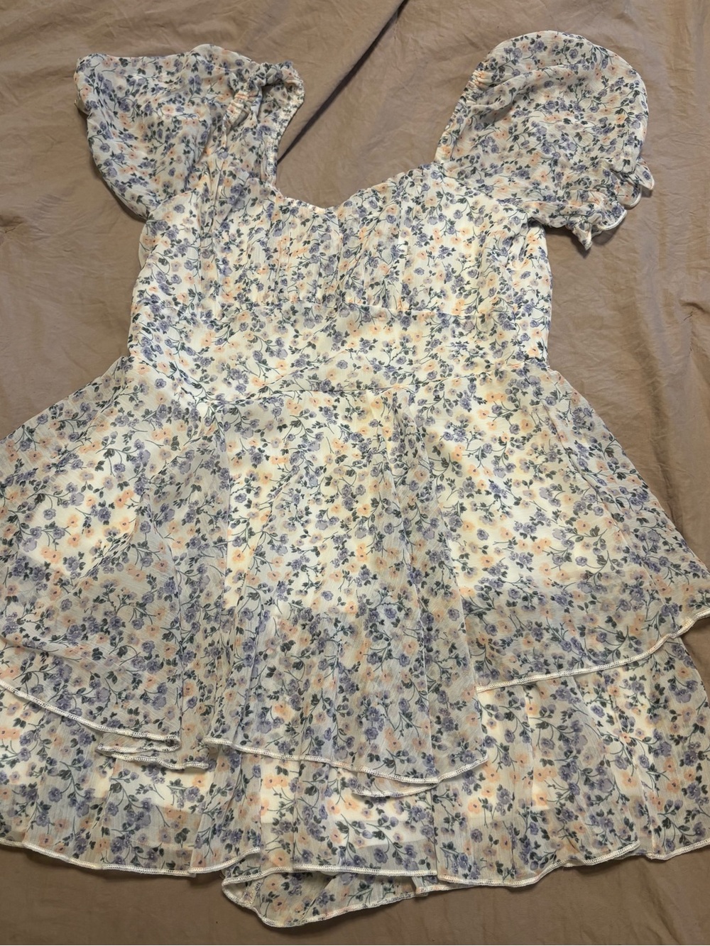 Floral Puff-Sleeve Dress Top - Cream with Blue & Peach Flowers